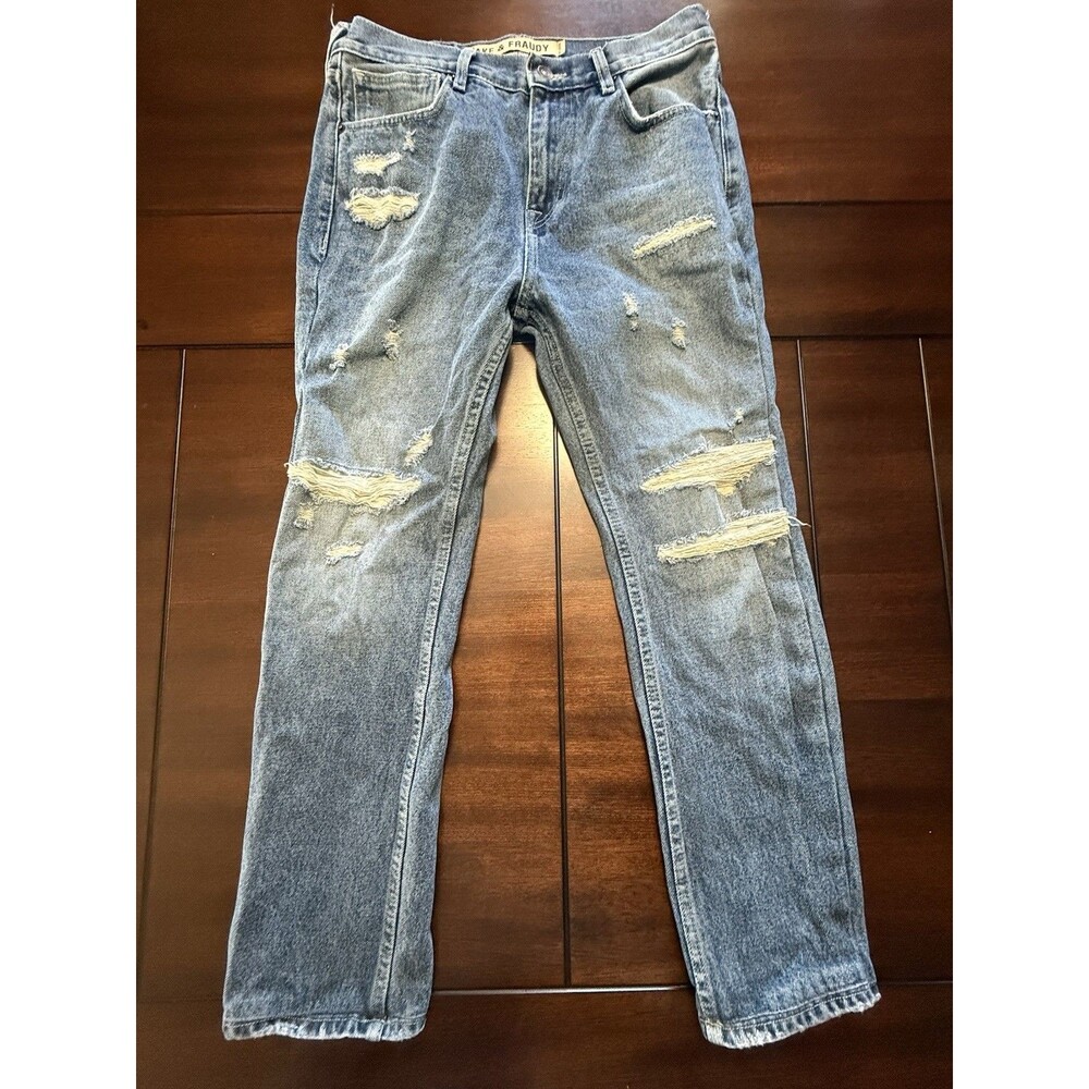 🔥Fake & Fraudy Jeans Mens 33x27 Blue Straight Leg Distressed Denim $119
